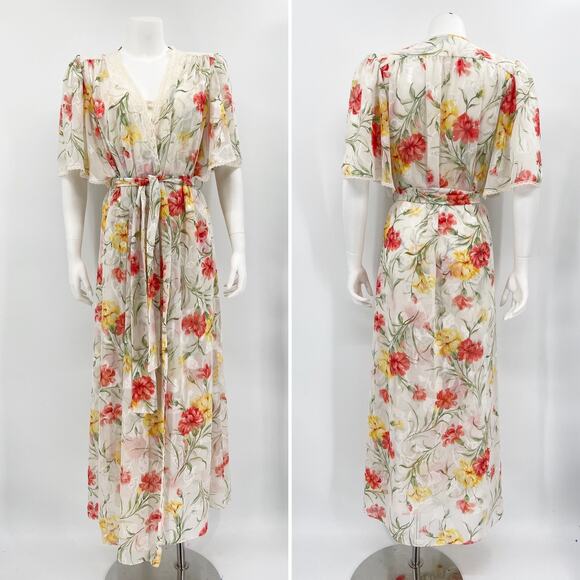 Natori Vintage Robe Nightdress Set Orange Yellow Floral Lace Trim Size S - Picture 1 of 10